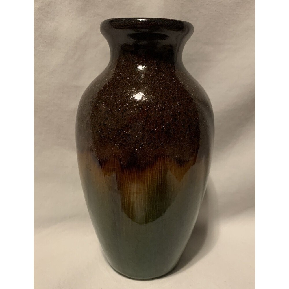 Pottery Bud Vase Brown Glitter Green & Orange Dip Glaze W/Crackle Finish 6”H